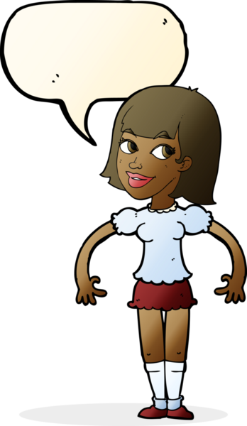 Bir insan tarafından çizilmiş konuşma baloncuğuyla omuz silken çizgi film kadını.