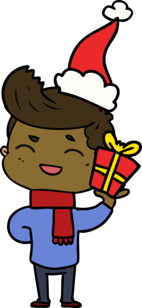 Bir insan tarafından çizilmiş Noel Baba şapkasıyla gülen bir adamın el çizimi.