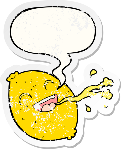 Konuşan limon fışkırtan karikatür bir insan tarafından çizilmiş sıkıntılı eski bir çıkartma.