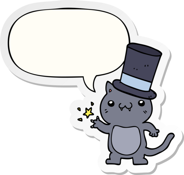 Bir insan tarafından çizilmiş konuşma kabarcığı çıkartmalı silindir şapka takan çizgi film kedisi.