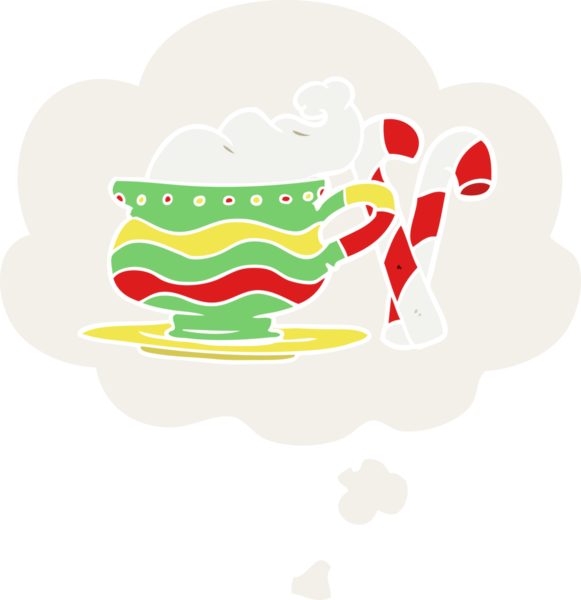 Düşünce baloncuğu olan karikatür noel kakaosu insan tarafından çizilmiş.