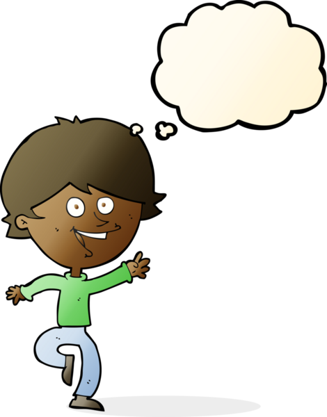 Bir insan tarafından çizilmiş düşünce baloncuğu olan mutlu, el sallayan çocuk.