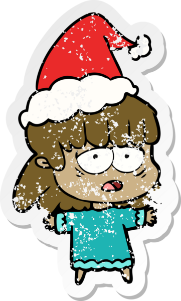 Bir insan tarafından çizilmiş Noel Baba şapkası giymiş yorgun bir kadının el çizimi karikatürü.