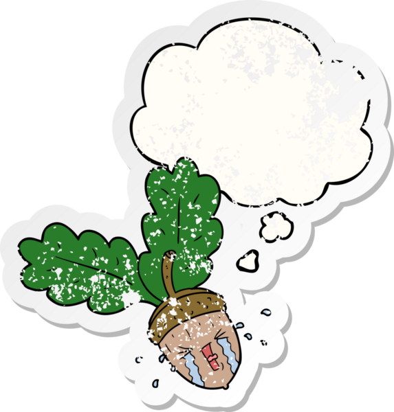 Karikatür ağlayan meşe palamudu. Düşünce baloncuklu. Üzüntülü bir çıkartma gibi.