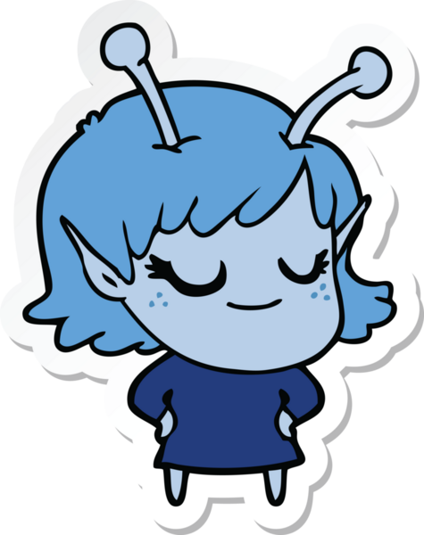 Bir insan tarafından çizilmiş gülümseyen uzaylı bir kızın çıkartması.