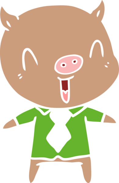 Bir insan tarafından çizilmiş gömlek ve kravat giyen mutlu düz renkli çizgi film domuzu.