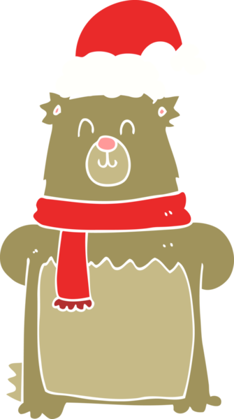 Düz renkli çizgi film ayısı bir insan tarafından çizilmiş noel şapkası giyiyor.