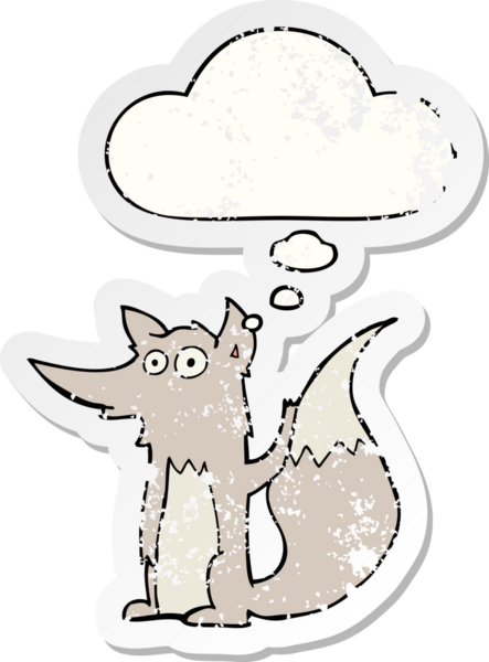 Düşünce baloncuğu olan karikatür kurdu, bir insan tarafından çizilmiş yıpranmış bir çıkartma.