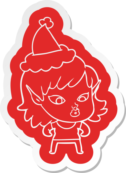 Bir insan tarafından çizilmiş Noel Baba şapkası giyen elf bir kızın oldukça ilginç bir karikatür çıkartması.