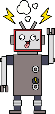 Bir insan tarafından çizilmiş çatlak bir robotun sevimli karikatürü.