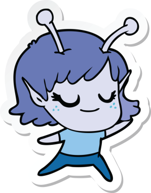 Bir insan tarafından çizilmiş gülümseyen uzaylı bir kızın çıkartması.