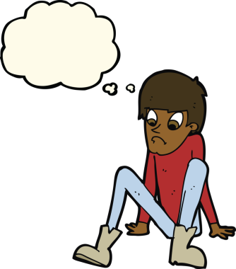 Bir insan tarafından çizilmiş düşünce baloncuğuyla yerde oturan çizgi film çocuğu.