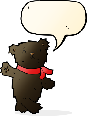 Bir insan tarafından çizilmiş konuşma balonlu oyuncak ayıyı sallayan çizgi film.