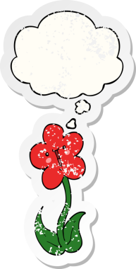 Düşünce baloncuğu olan karikatür çiçeği insan tarafından çizilmiş yıpranmış bir çıkartma gibi.