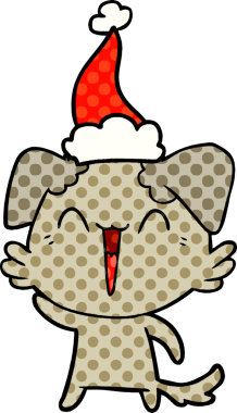 El sallayan küçük köpek eli bir insan tarafından çizilmiş Noel Baba şapkasının çizgi roman çizimi.