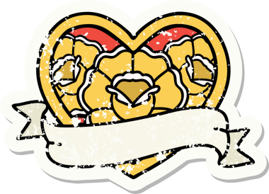 Geleneksel bir kalp stili ve insan tarafından çizilmiş çiçekli pankart dövmesi.