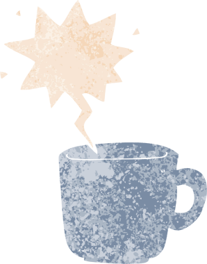 Bir insan tarafından çizilmiş grunge dertli retro desenli konuşma balonlu çizgi film kahve fincanı.