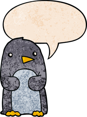 Konuşma baloncuğu olan karikatür pengueni insan tarafından çizilmiş.