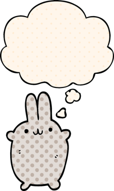 Çizgi roman tarzında bir insan tarafından çizilmiş düşünce kabarcığı olan çizgi film tavşanı.