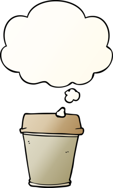 Çizgi film, bir insan tarafından çizilmiş yumuşak eğimli düşünce baloncuklu kahveyi dışarı çıkarır