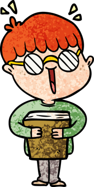 Çizgi filmci çocuk ve kitap bir insan tarafından çizilmiş.