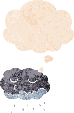 Düşünce baloncuklu karikatür yağmur bulutu grunge sıkıntılı retro dokuma tarzı bir insan tarafından çizilmiş