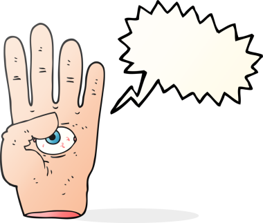 Bir insan tarafından çizilmiş serbest konuşma balonu karikatürü, ürkütücü el ve göz küresi.