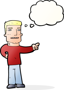 Bir insan tarafından çizilen düşünce baloncuğuyla işaret eden çizgi film adamı.