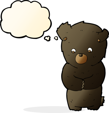 Bir insan tarafından çizilmiş düşünce baloncuğu olan sevimli çizgi film kara ayısı.