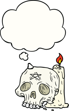 Bir insan tarafından çizilmiş düşünce baloncuklu garip kafatası ve mum.