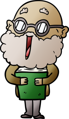 Bir insan tarafından çizilmiş sakallı ve kitaplı neşeli bir adam.