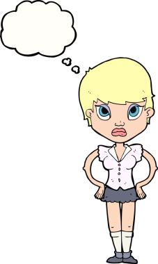 Bir insan tarafından çizilmiş düşünce baloncuğuyla rahatsız bir kız.