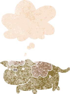 Düşünce baloncuğu ile çizgi film köpeğinin grunge sıkıntılı retro tarzı bir insan tarafından çizilmiş