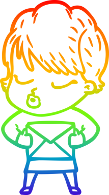 Gökkuşağı gradyan çizgi çizimi bir insan tarafından çizilmiş gözleri olan bir karikatür kadın