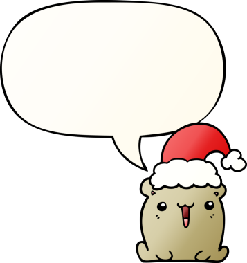 Hoş bir çizgi film ayısı, Noel şapkası ve konuşma baloncuğu olan bir insan tarafından çizilmiş yumuşak bir gradyan tarzı var.