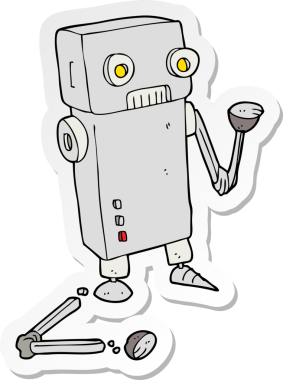 Bir insan tarafından çizilmiş kırık bir robotun çıkartması.