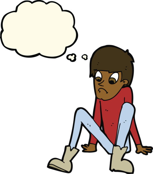 Bir insan tarafından çizilmiş düşünce baloncuğuyla yerde oturan çizgi film çocuğu.