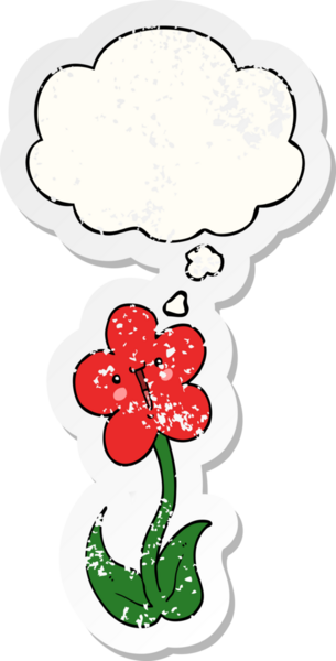 Düşünce baloncuğu olan karikatür çiçeği insan tarafından çizilmiş yıpranmış bir çıkartma gibi.