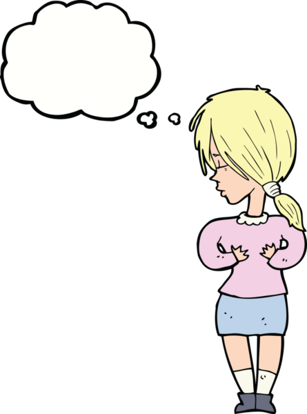 Düşünce baloncuğu bir insan tarafından çizilmiş utangaç bir kadın.