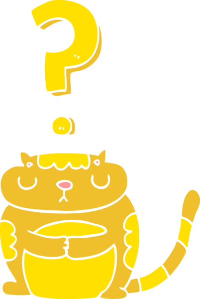 Bir insan tarafından çizilmiş soru işaretli düz renkli çizgi film kedisi