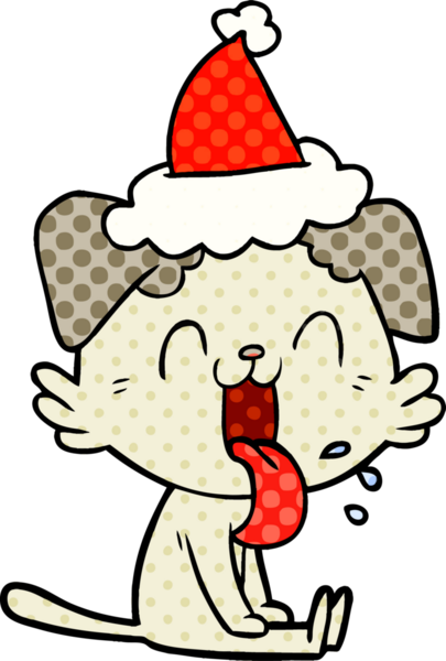 Bir insan tarafından çizilmiş Noel Baba şapkası giyen nefes nefese bir köpeğin el çizimi çizgi roman çizimi.