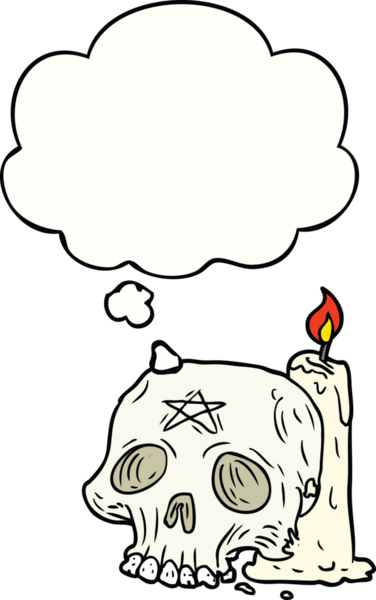 Bir insan tarafından çizilmiş düşünce baloncuklu garip kafatası ve mum.