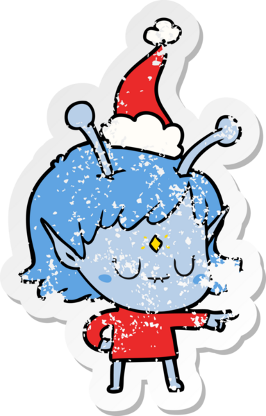 Bir insan tarafından çizilmiş Noel Baba şapkası giymiş uzaylı bir kızın el çizimi çıkartması.