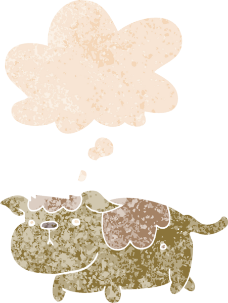 Düşünce baloncuğu ile çizgi film köpeğinin grunge sıkıntılı retro tarzı bir insan tarafından çizilmiş