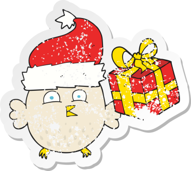 Bir insan tarafından çizilmiş bir karikatür noel baykuşunun gerilimli çıkartması.