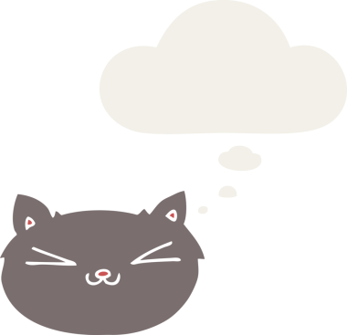 Bir insan tarafından çizilmiş düşünce baloncuklu mutlu çizgi film kedisi.