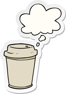 Düşünce baloncuklu kahve fincanı insan tarafından çizilmiş bir çıkartma.