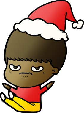 Bir insan tarafından çizilmiş Noel Baba şapkası giymiş bir çocuğun el çizimi karikatürü.