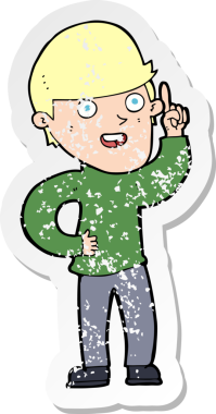 İnsan tarafından çizilmiş bir fikri olan karikatürist bir çocuğun gerilimli retro yapıştırması.