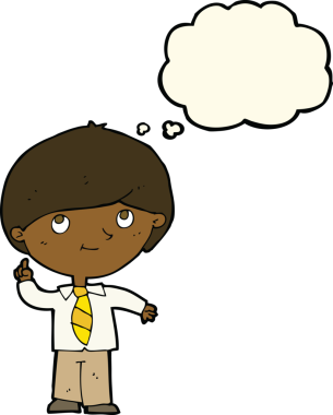 Bir insan tarafından çizilmiş düşünce baloncuğu fikri olan çizgi film çocuğu.